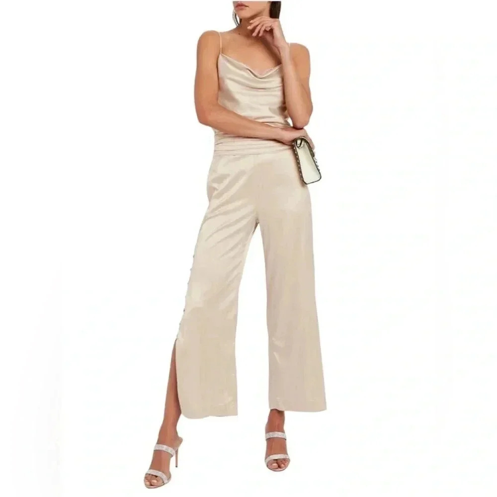Jonathan Simkhai Night Night High Rise Satin Cropped Wide Leg‎ Trousers Beige M